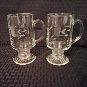 2 Princess House Heritage Irish Mug Set 5 1/2" Floral Etched Footed Coffee Cups